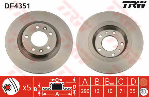 TRW DF4351 Rear brake disc, non-ventilated DF4351