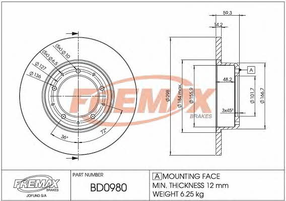 Fremax BD-0980 Rear brake disc, non-ventilated BD0980