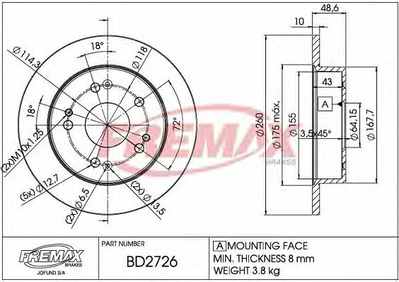 Fremax BD-2726 Rear brake disc, non-ventilated BD2726