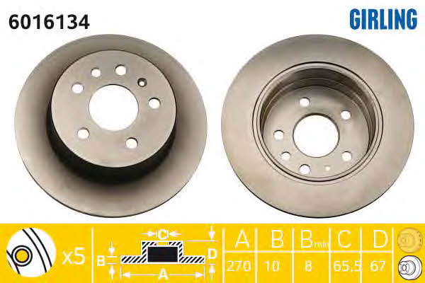 Girling 6016134 Rear brake disc, non-ventilated 6016134
