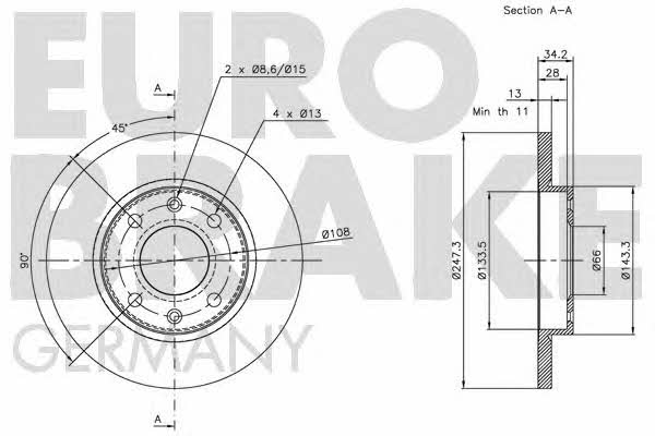 Eurobrake 5815201926 Unventilated front brake disc 5815201926