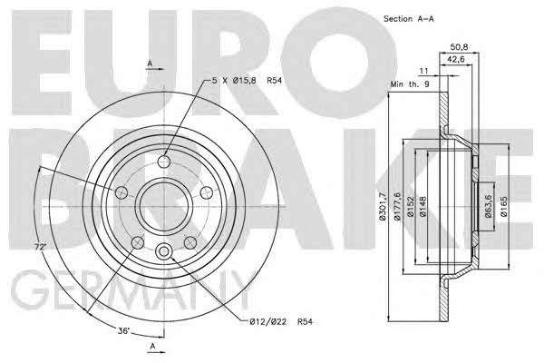 Eurobrake 5815202571 Rear brake disc, non-ventilated 5815202571