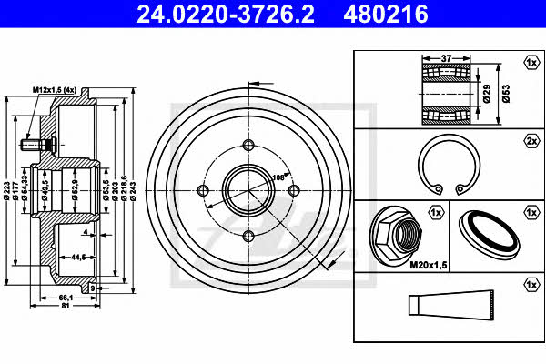 Ate 24.0220-3726.2 Brake drum with wheel bearing, assy 24022037262