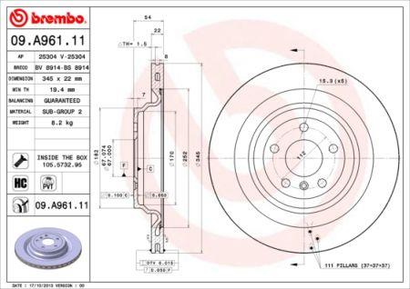 Rear vented brake disc Brembo 09.A961.11