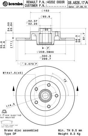 Brembo 08.A826.17 Rear brake disc, non-ventilated 08A82617
