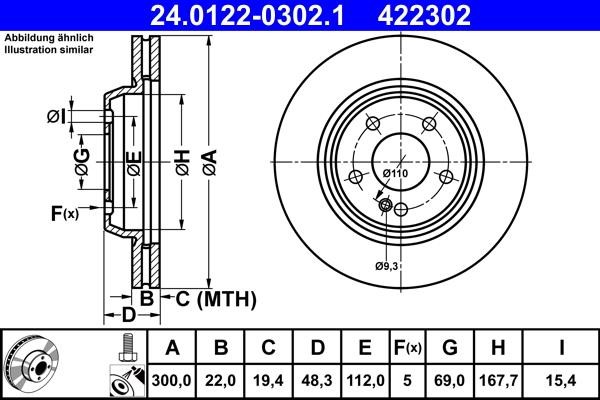 Ate 24.0122-0302.1 Rear ventilated brake disc 24012203021