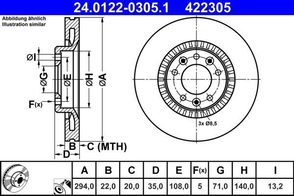 Ate 24.0122-0305.1 Rear ventilated brake disc 24012203051
