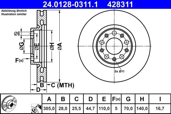 Ate 24.0128-0311.1 Rear ventilated brake disc 24012803111
