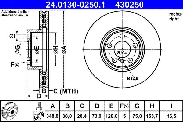 Ate 24.0130-0250.1 Front right ventilated brake disc 24013002501