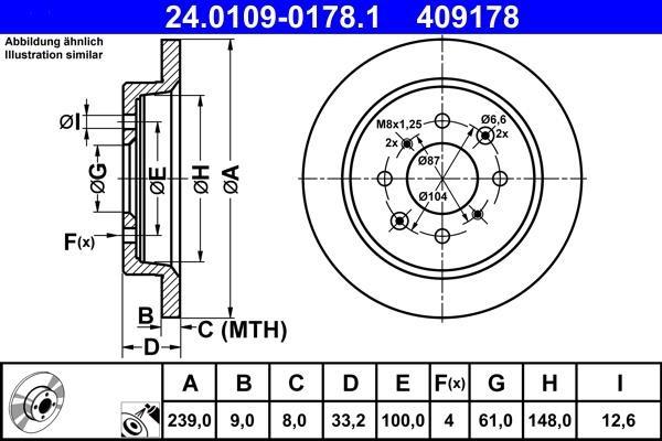 Ate 24.0109-0178.1 Rear brake disc, non-ventilated 24010901781