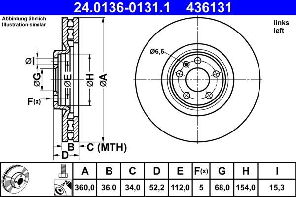 Ate 24.0136-0131.1 Ventilated front left brake disc 24013601311
