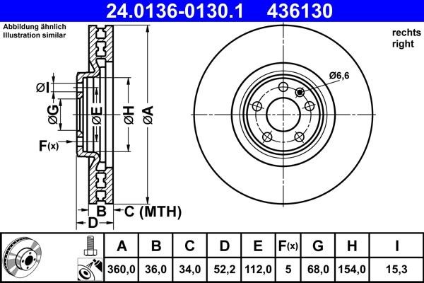 Ate 24.0136-0130.1 Front right ventilated brake disc 24013601301