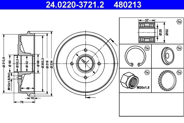 Ate 24.0220-3721.2 Brake drum with wheel bearing, assy 24022037212