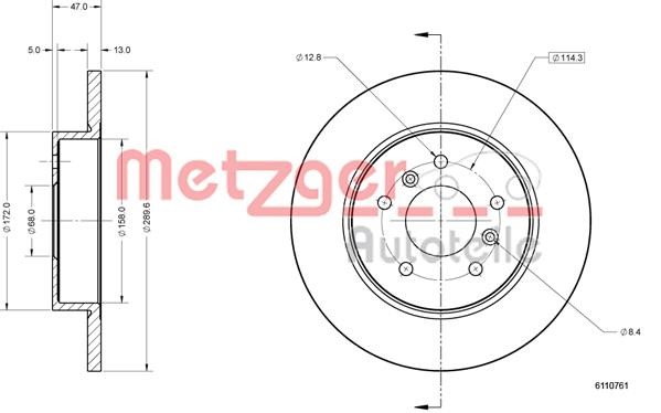 Metzger 6110761 Rear brake disc, non-ventilated 6110761
