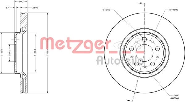 Metzger 6110764 Front brake disc ventilated 6110764