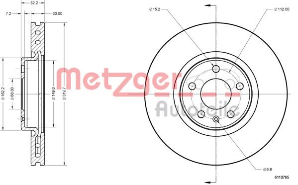 Metzger 6110765 Front brake disc ventilated 6110765