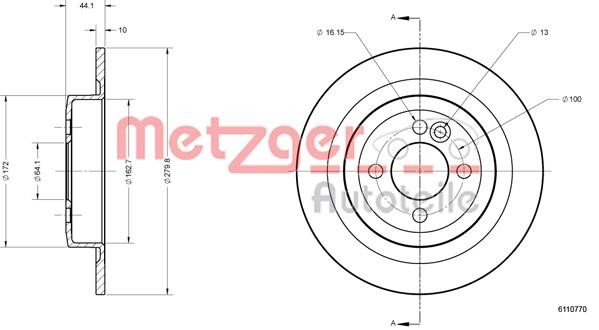 Metzger 6110770 Rear brake disc, non-ventilated 6110770