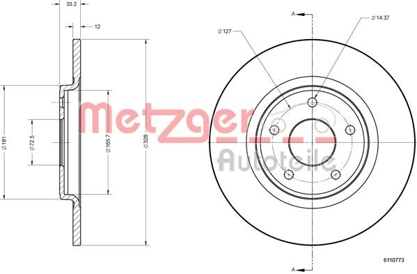 Metzger 6110773 Rear brake disc, non-ventilated 6110773