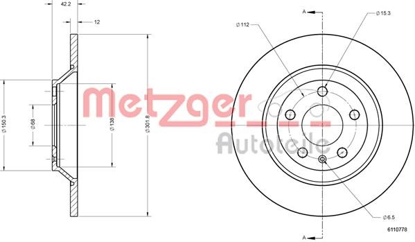 Metzger 6110778 Rear brake disc, non-ventilated 6110778