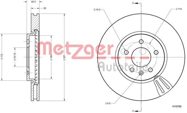 Metzger 6110780 Front brake disc ventilated 6110780