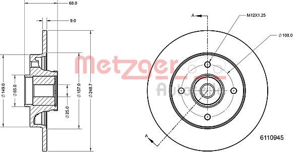 Metzger 6110945 Rear brake disc, non-ventilated 6110945