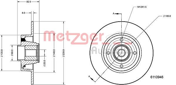 Metzger 6110946 Rear brake disc, non-ventilated 6110946