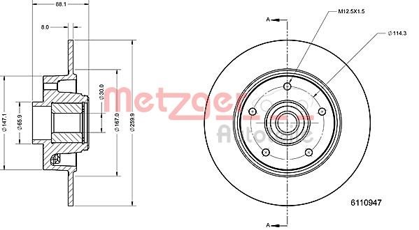 Metzger 6110947 Rear brake disc, non-ventilated 6110947