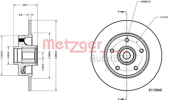 Metzger 6110948 Rear brake disc, non-ventilated 6110948
