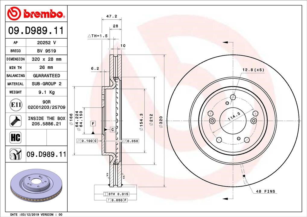 Brembo 09.D989.11 Front brake disc ventilated 09D98911
