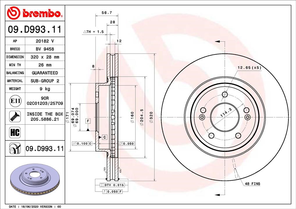 Brembo 09.D993.11 Front brake disc ventilated 09D99311