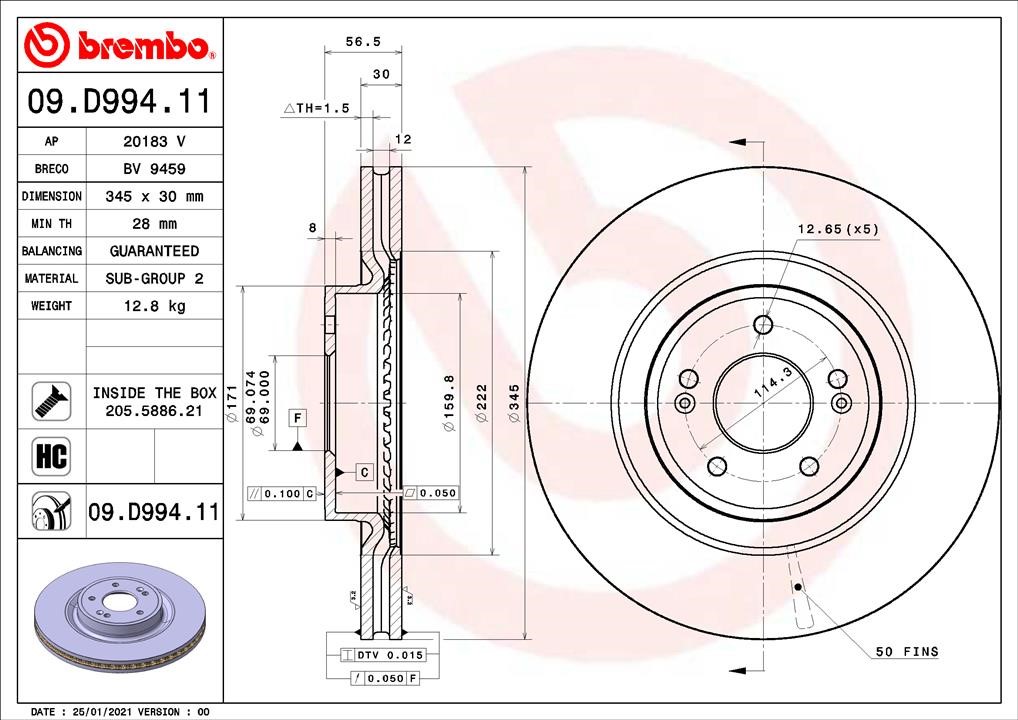 Brembo 09.D994.11 Front brake disc ventilated 09D99411