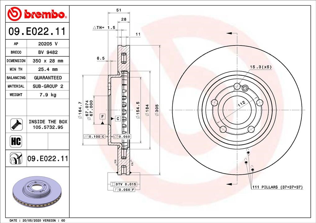 Brembo 09.E022.11 Front brake disc ventilated 09E02211