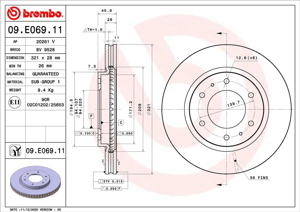 Brembo 09.E069.11 Front brake disc ventilated 09E06911