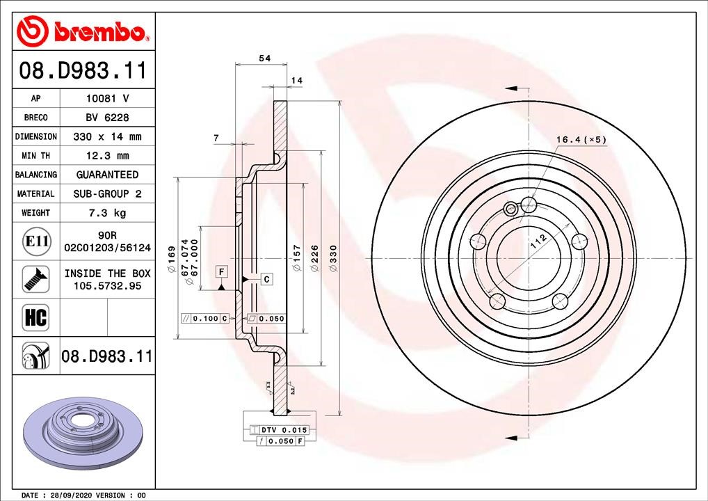 Brembo 08.D983.11 Rear brake disc, non-ventilated 08D98311