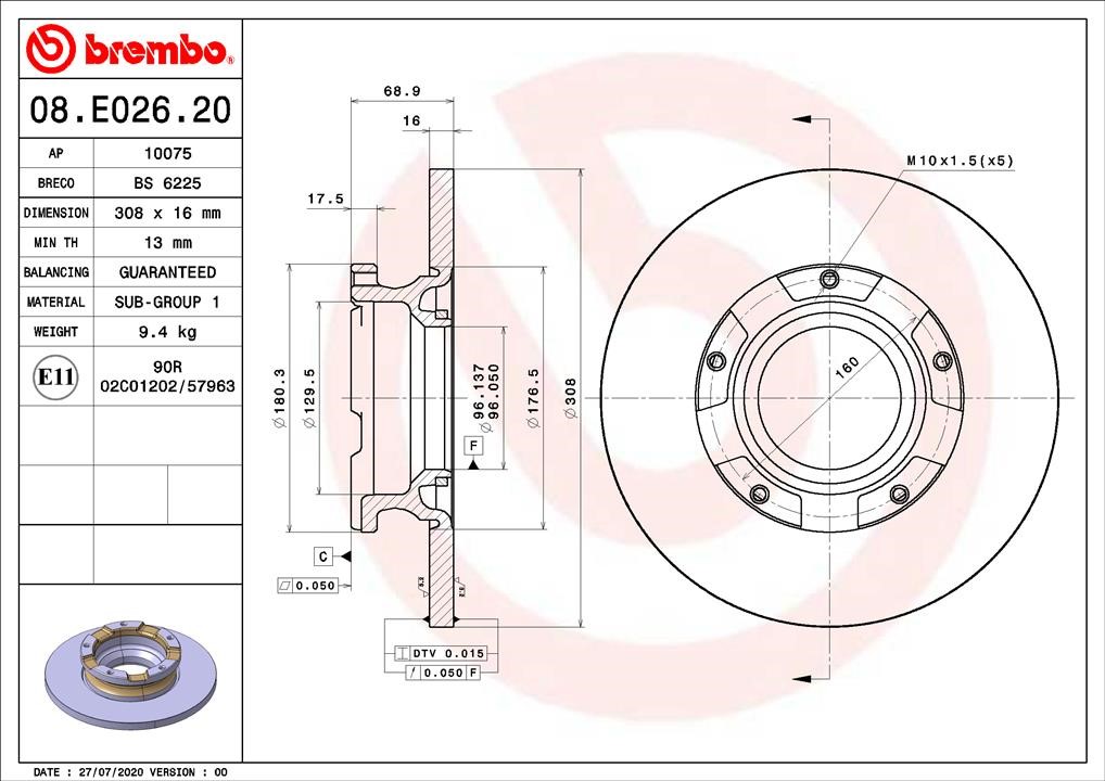 Brembo 08.E026.20 Rear brake disc, non-ventilated 08E02620