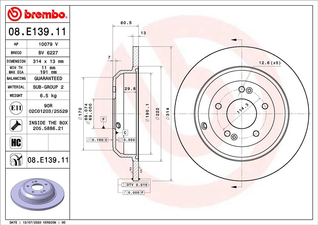 Brembo 08.E139.11 Rear brake disc, non-ventilated 08E13911
