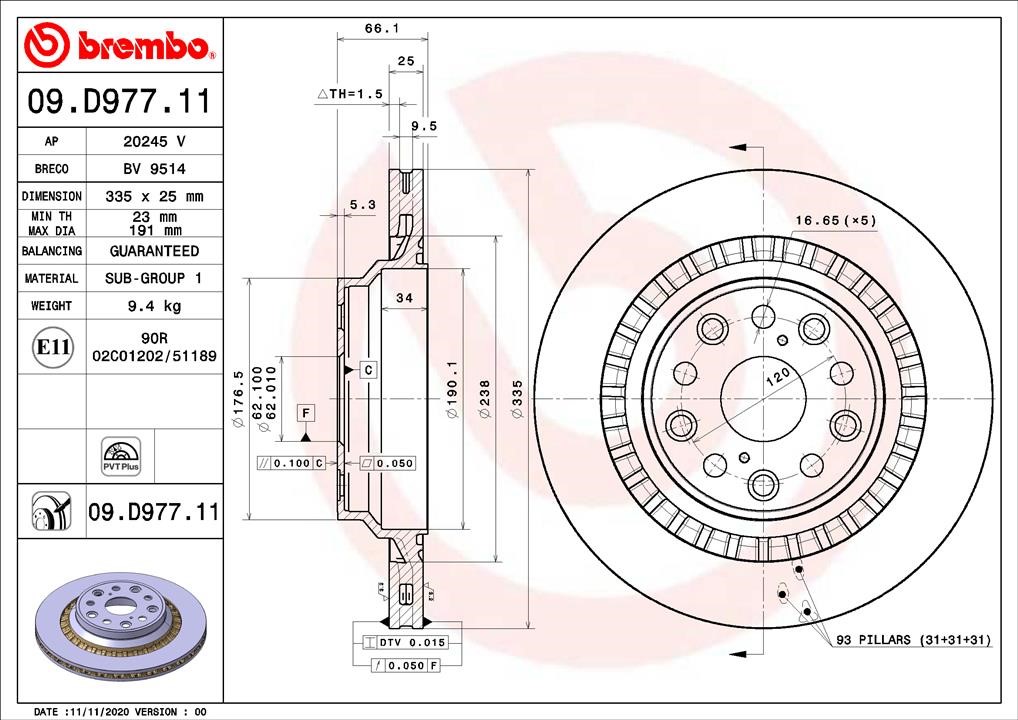 Brembo 09.D977.11 Rear ventilated brake disc 09D97711