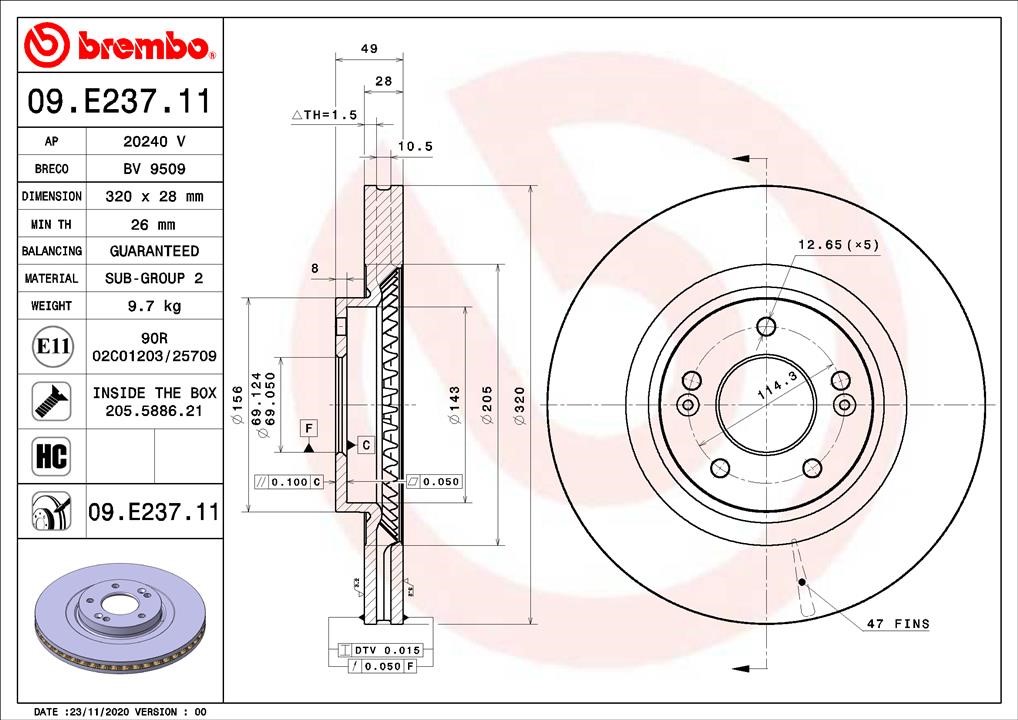 Brembo 09.E237.11 Front brake disc ventilated 09E23711