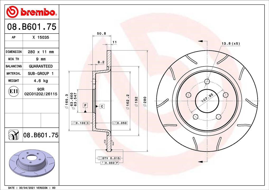 Brembo 08.B601.75 Rear brake disc, non-ventilated 08B60175