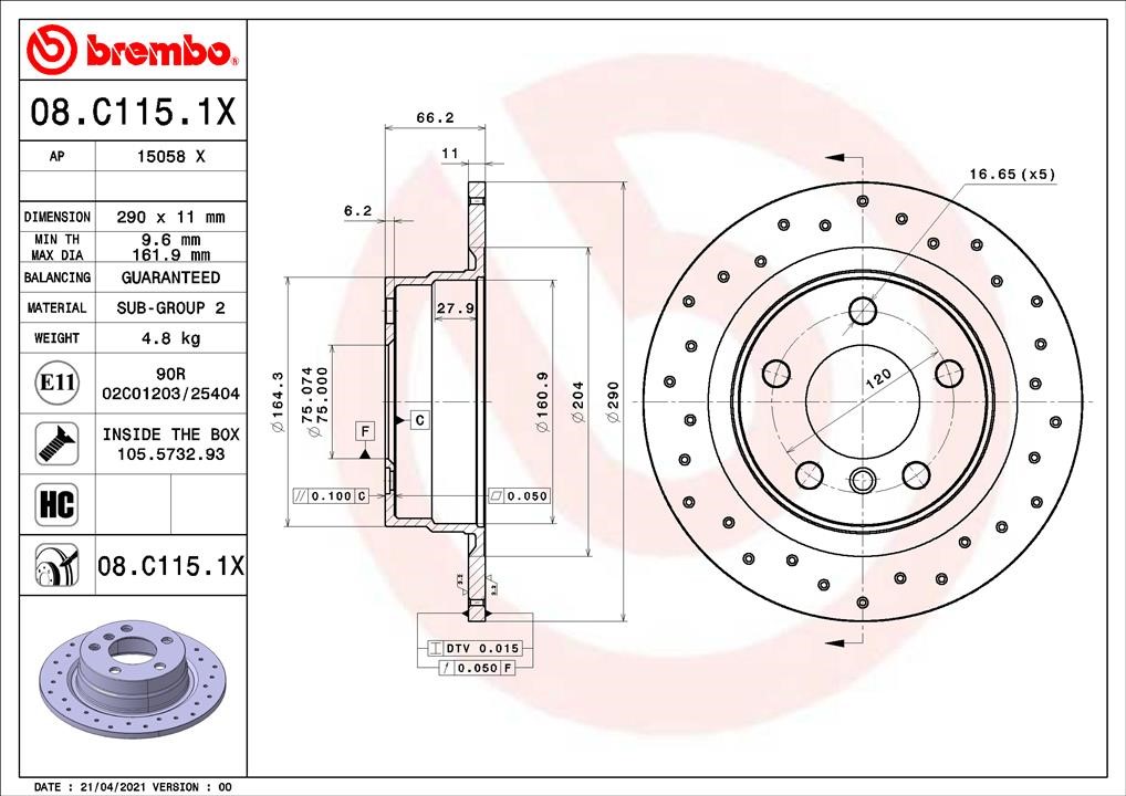 Brembo 08.C115.1X Rear brake disc, non-ventilated 08C1151X