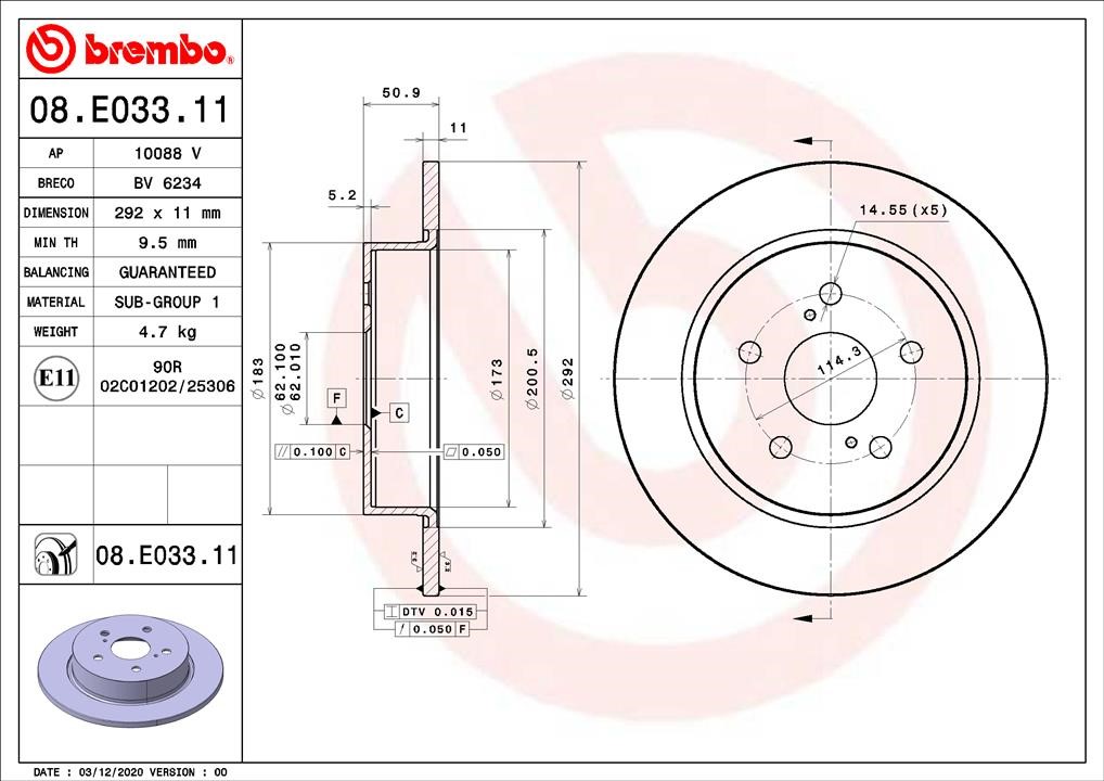 Brembo 08.E033.11 Rear brake disc, non-ventilated 08E03311