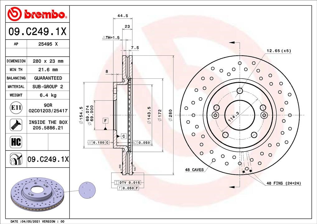 Brembo 09.C249.1X Front brake disc ventilated 09C2491X