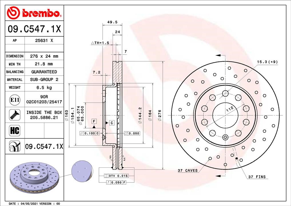 Brembo 09.C547.1X Front brake disc ventilated 09C5471X