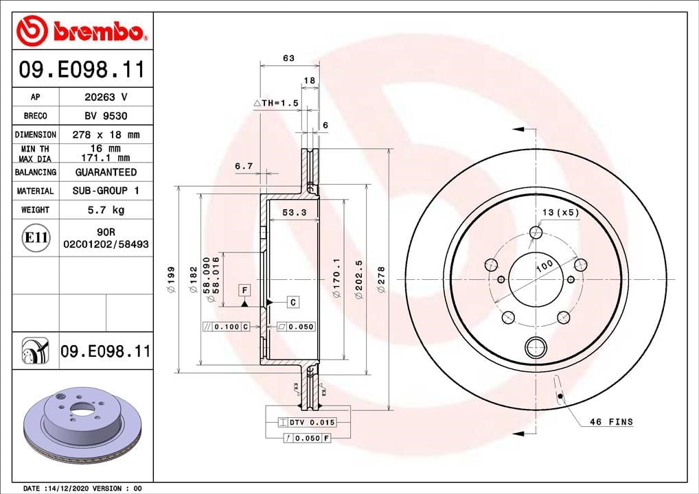 Brembo 09.E098.11 Rear ventilated brake disc 09E09811