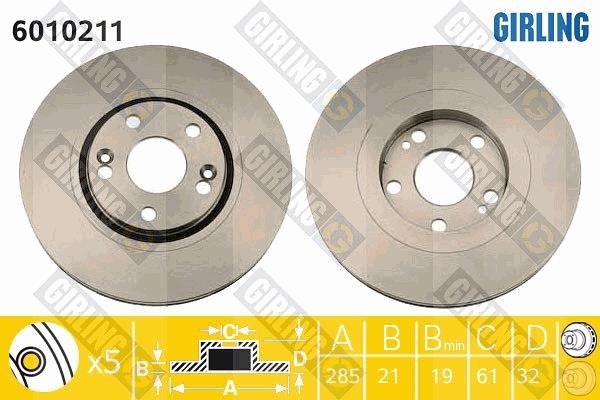 Girling 6010211 Front brake disc ventilated 6010211