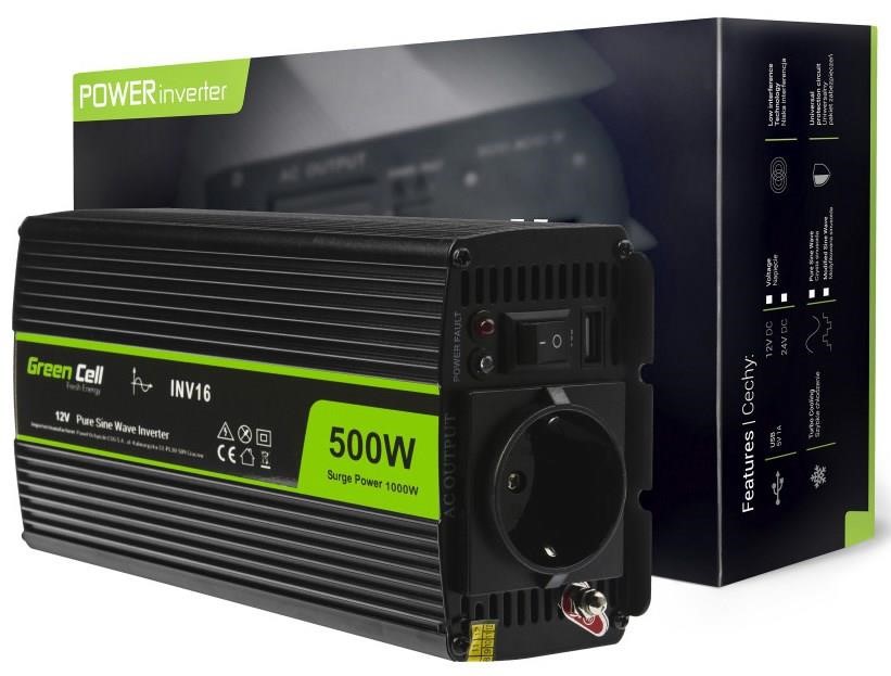 Voltage converter (inverter) Green Cell 12V to 230V 500W&#x2F;1000W Pure sine wave Green Cell INV16