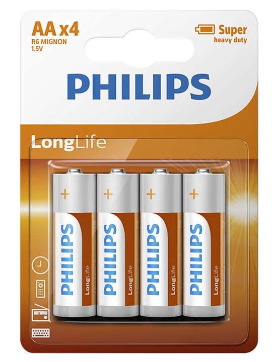 Philips R6L4B/10 LongLife Zinc Carbon Battery AA BLI 4 R6L4B10