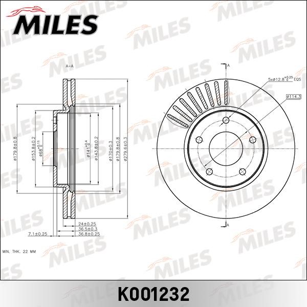 Miles K001232 Front brake disc ventilated K001232