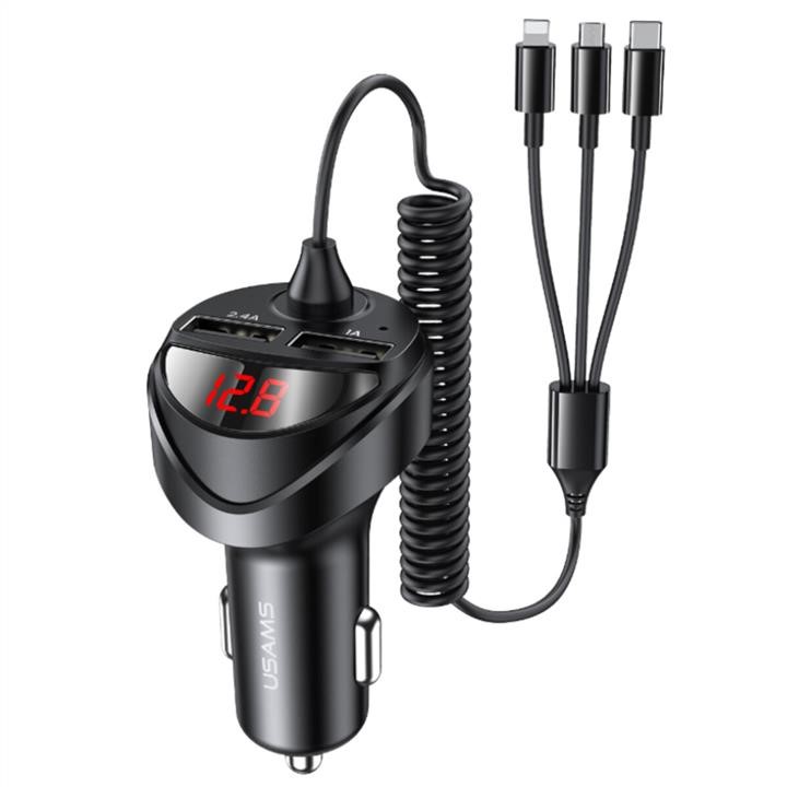 Usams CC119TC01 Usams US-CC119 C22 3.4A Dual USB Car Charger With 3IN1 Spring Cable Black CC119TC01
