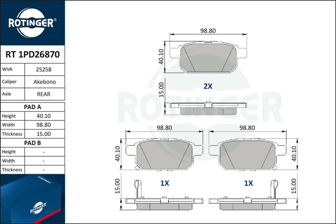Disc brake pad set Suzuki SX4: RT1PD26870 Rotinger Brake pad set